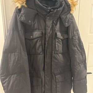 Men’s Cole Haan Solid Black Puffer Parka Heavy Jacket with Faux Fur Hood Size XL